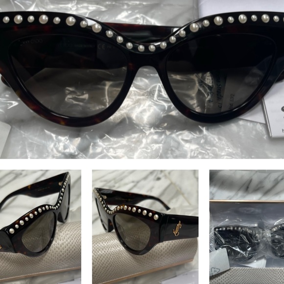 JIMMY CHOO HAVANA CAT EYE WITH FAUX PEARL DETAILING & GOLD “JC” LOGO SUNGLASSES - Picture 6 of 16